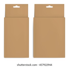 Realistic brown paper packaging box with hanging hole. Isolated on white background.