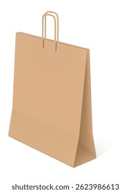 Realistic brown paper shopping bag standing on white background, casting a subtle shadow, ready for purchases, symbolizing consumerism, retail, and eco friendly packaging