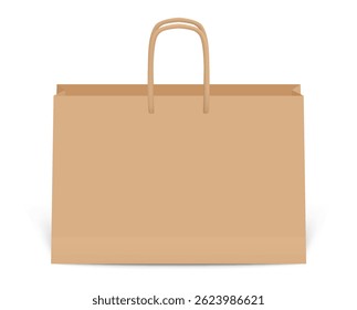Realistic brown paper shopping bag with handles standing on a white background, representing retail, consumerism, and eco friendly packaging