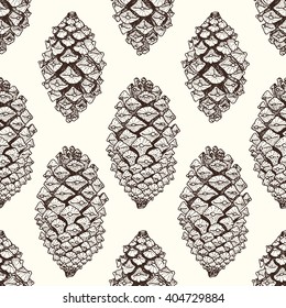 Realistic brown pine cones seamless pattern. Vector hand-drawn illustration