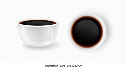 Realistic brown soy sauce top view bowl isolated vector. Shoyu or teriyaki organic condiment for asian cuisine dinner. Traditional chinese salty dressing in porcelain dish on transparent background.