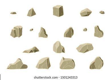 Realistic brown stone set. Vector illustration. Different rock blocks.