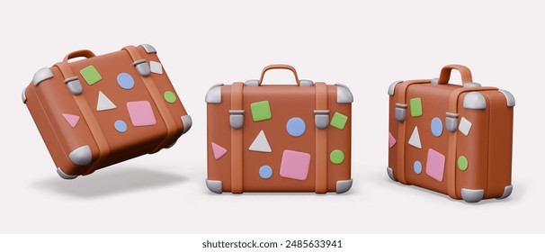 Realistic brown suitcase with travel stickers. Vector leather model in different positions