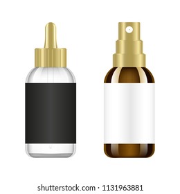 Realistic brown and white bottle with golden lid. Mock up of cosmetic spray jar. Cosmetic vial, flask, perfume flacon. Medical bottle with design label. Vector illustration set