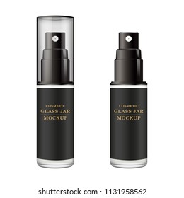 Realistic brown and white bottle. Mock up of cosmetic spray jar. Cosmetic vial, flask, perfume flacon. Medical bottle with design label. Vector illustration set