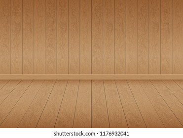 Realistic brown wood room floor and wall blank space background vector illustration.