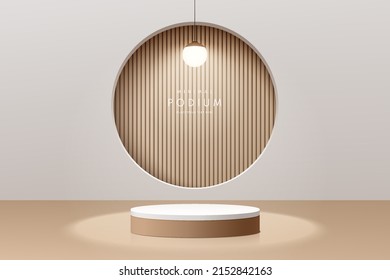 Realistic Brown Wood And White 3D Cylinder Pedestal Podium With Glowing Ball Neon Lamp. Abstract Minimal Wall Scene For Mockup Products, Stage For Showcase, Promotion Display. Vector Geometric Forms.