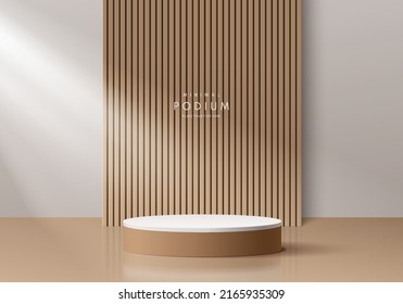 Madera marrón realista y podio pedestal de cilindro 3D blanco con fondo de patrón de madera vertical  Resumen de escena mínima para productos de maquillaje  escaparate de escenario  presentación de promoción  Formas geométricas vectoriales 