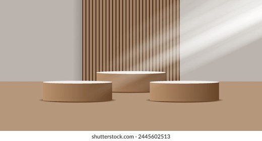 Realistic brown wood and white 3D cylinder pedestal podium with vertical wood pattern background.