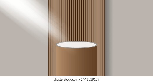 Realistic brown wood and white 3D cylinder pedestal podium with vertical wood pattern background.