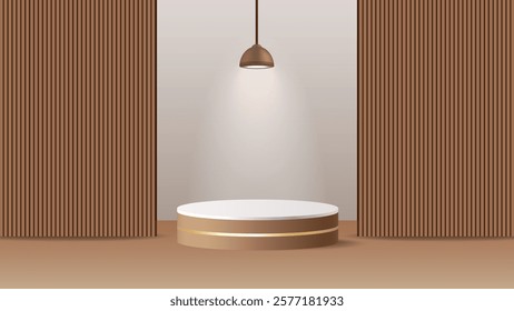 Realistic Brown Wood and White Cylinder Stage Pedestal Podium with Vertical Wood Stripe Pattern Background. Ideal for Product Mockups, Banners, and Display. Vector.