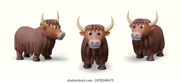 Realistic brown yak, view from front and different sides. Shaggy longhorn bull