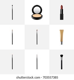 Realistic Brush, Brow Makeup Tool, Collagen Tube And Other Vector Elements. Set Of Greasepaint Realistic Symbols Also Includes Highlight, Lipstick, Contour Objects.