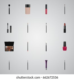 Realistic Brush, Concealer, Eye Paintbrush And Other Vector Elements. Set Of Greasepaint Realistic Symbols Also Includes Foundation, Skincare, Creme Objects.
