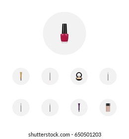 Realistic Brush, Eye Paintbrush, Collagen Tube And Other Vector Elements. Set Of Greasepaint Realistic Symbols Also Includes Varnish, Powder, Creme Objects.