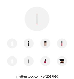Realistic Brush, Eye Paintbrush, Concealer And Other Vector Elements. Set Of Greasepaint Realistic Symbols Also Includes Foundation, Liquid, Nail Objects.