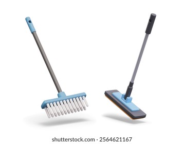 Realistic brush and mop. Tool for dry and wet cleaning. Set of vector templates on white background. Elements for indoor cleaning concepts. Models in inclined position