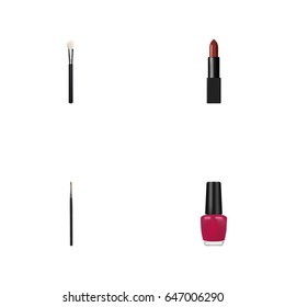 Realistic Brush, Powder Blush, Pomade And Other Vector Elements. Set Of Greasepaint Realistic Symbols Also Includes Polish, Makeup, Lipstick Objects.