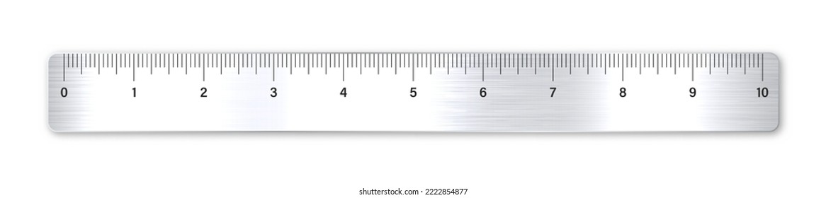 Realistic brushed metal ruler with measurement scale and divisions, measure marks. School ruler, inch scale for length measuring. Office supplies. Vector illustration