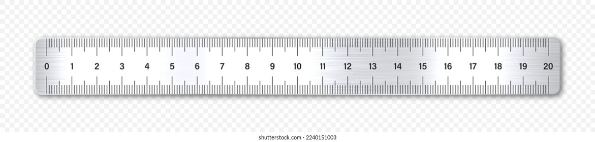 Realistic brushed metal ruler with measurement scale and divisions, measure marks. School ruler, centimeter scale for length measuring. Office supplies. Vector illustration