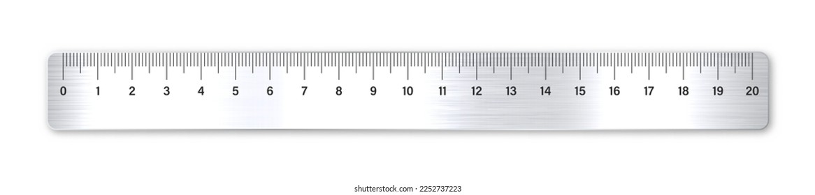 Realistic brushed metal ruler with measurement scale and divisions, measure marks. School ruler, centimeter scale for length measuring. Office supplies. Vector illustration