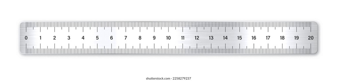 Regla de metal realista cepillado con escala de medida y divisiones, medir marcas. Regla escolar, escala de centímetros para medir la longitud. Suministros de oficina. Ilustración del vector