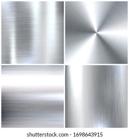 Realistic brushed metal textures set. Polished stainless steel background. Vector illustration.