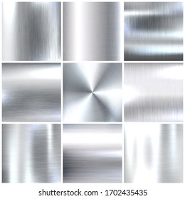 Realistic brushed metal textures set. Polished stainless steel background. Vector illustration.
