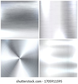 Realistic brushed metal textures set. Polished stainless steel background. Vector illustration.