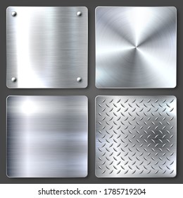 Realistic brushed metal textures set. Polished stainless steel background. Vector illustration.