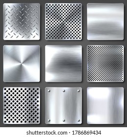 Realistic brushed metal textures set. Polished stainless steel background. Vector illustration.