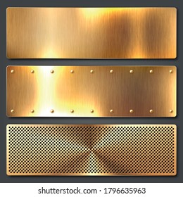Realistic brushed metal textures set. Polished stainless steel background. Vector illustration.