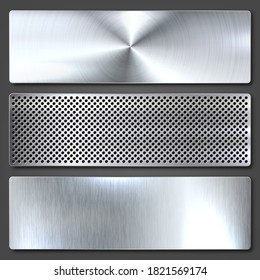 Realistic brushed metal textures set. Polished stainless steel background. Vector illustration.