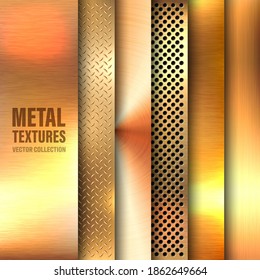 Conjunto de texturas de metal cepillado realistas. Fondo de acero inoxidable pulido. Ilustración vectorial.