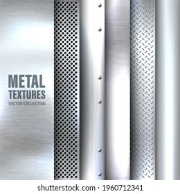 Realistic brushed metal textures set. Polished stainless steel background. Vector illustration.