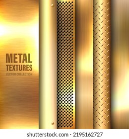 Realistic brushed metal textures set. Polished stainless steel background. Vector illustration.