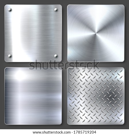 Realistic brushed metal textures set. Polished stainless steel background. Vector illustration.