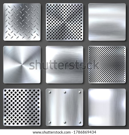 Realistic brushed metal textures set. Polished stainless steel background. Vector illustration.