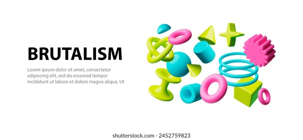 Realistic Brutalism composition of colorful geometric shapes on vector banner. Volumetric cone, star, linked torus, ball, cube, rings, sphere 3D models. Render abstract figures glossy surface