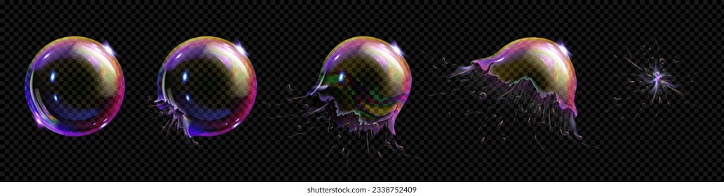 Realistic bubble burst animation set isolated on transparent background. Vector illustration of soap water ball with glossy rainbow surface exploding with drops and disappearing in air, splash effect