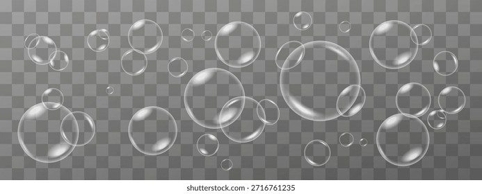 Realistische Blasensammlung - Transparente Seifenblasen mit 3D-Glanzreflexion, schwimmende und fliegende Luftblasen, Lichtreflexionseffekt, isoliertes Vektorset