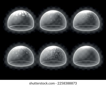 Realistic bubble shields monochrome set in abstract glowing style on dark transparent background isolated vector illustration
