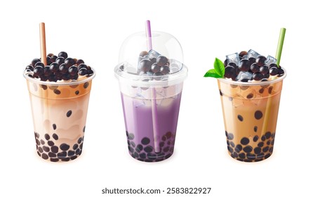 Realistic bubble tea. Boba drink plastic cup, cold tea or milk coffee milkshake asian trendy beverages with black tapioca pearl splash cream sugar balls, exact vector illustration original artwork