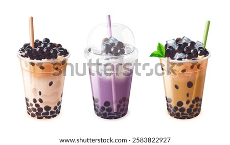 Realistic bubble tea. Boba drink plastic cup, cold tea or milk coffee milkshake asian trendy beverages with black tapioca pearl splash cream sugar balls, exact vector illustration original artwork
