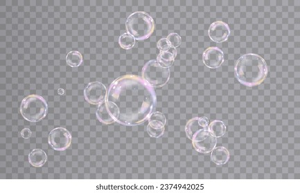 Realistic bubbles isolated on transparent background. Vector illustration of iridescent bubbles with shiny rainbow surface, bubble bath, symbol of freedom and childhood fun.