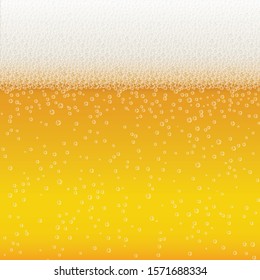 Realistic Bubbles and White Beer Foam. Cool Liquid Drink for Bar, Pub or Restaurant Menu Design. Yellow Horizontal Beer Fest Background in Foam. Cold Glass of Ale for Brewery Design