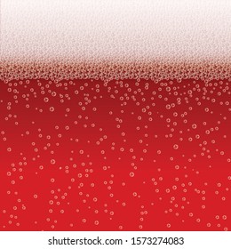 Realistic Bubbles and White Beer Foam. Cool Liquid Drink for Bar, Pub or Restaurant Menu Design. Red Ale Horizontal Beer Fest Background in Foam. Cold Glass of Ale for Brewery Design