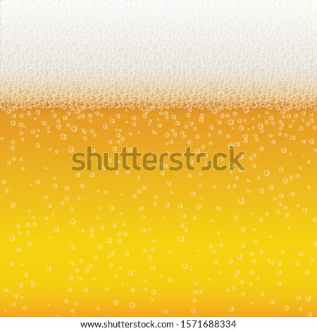 Realistic Bubbles and White Beer Foam. Cool Liquid Drink for Bar, Pub or Restaurant Menu Design. Yellow Horizontal Beer Fest Background in Foam. Cold Glass of Ale for Brewery Design