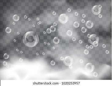 realistic bubbles and white smoke on a transparent background. Realistic Soap or Water Bubbles