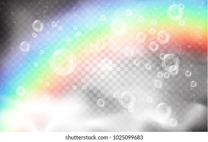 realistic bubbles and white smoke on the background of a rainbow and a blue sky with clouds on a transparent background